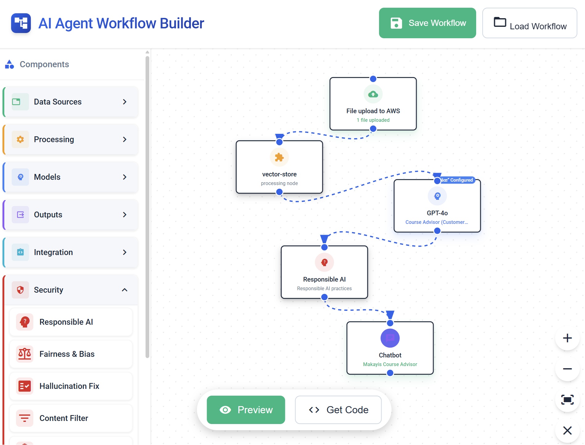 Makayis Enterprise AI Agent Builder - Complete Workflow Designer Interface